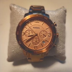 Fossil Rose Gold Tone Dial Round Case 39 mm Link Stainless Band Watch